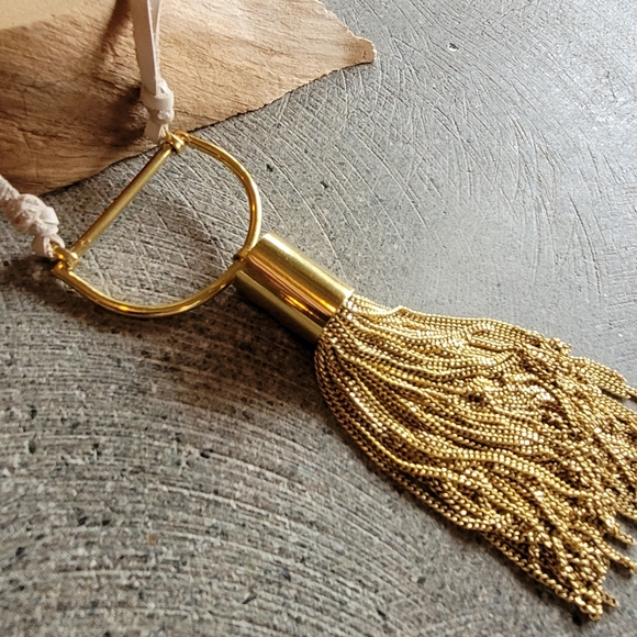Designer brass square fringe leather neckl… - Picture 5 of 10
